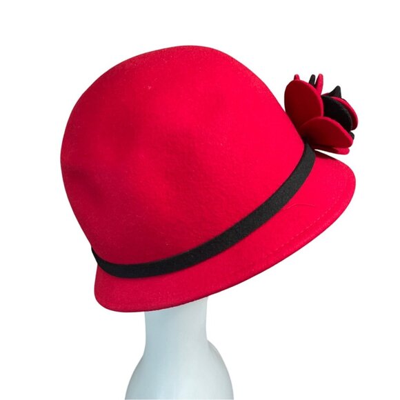 Red Wool & Felt Cloche Hat With Black Band & Floral Accent main image 7